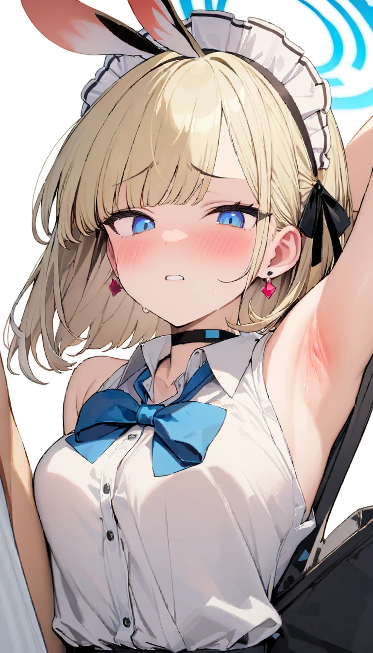 (masterpiece), ((of the highest quality)), alone, blonde ponytail, , smile, White shirt on naked body, white underwear, Open shirt, simple background(little),(littleキャラ) bra and panties