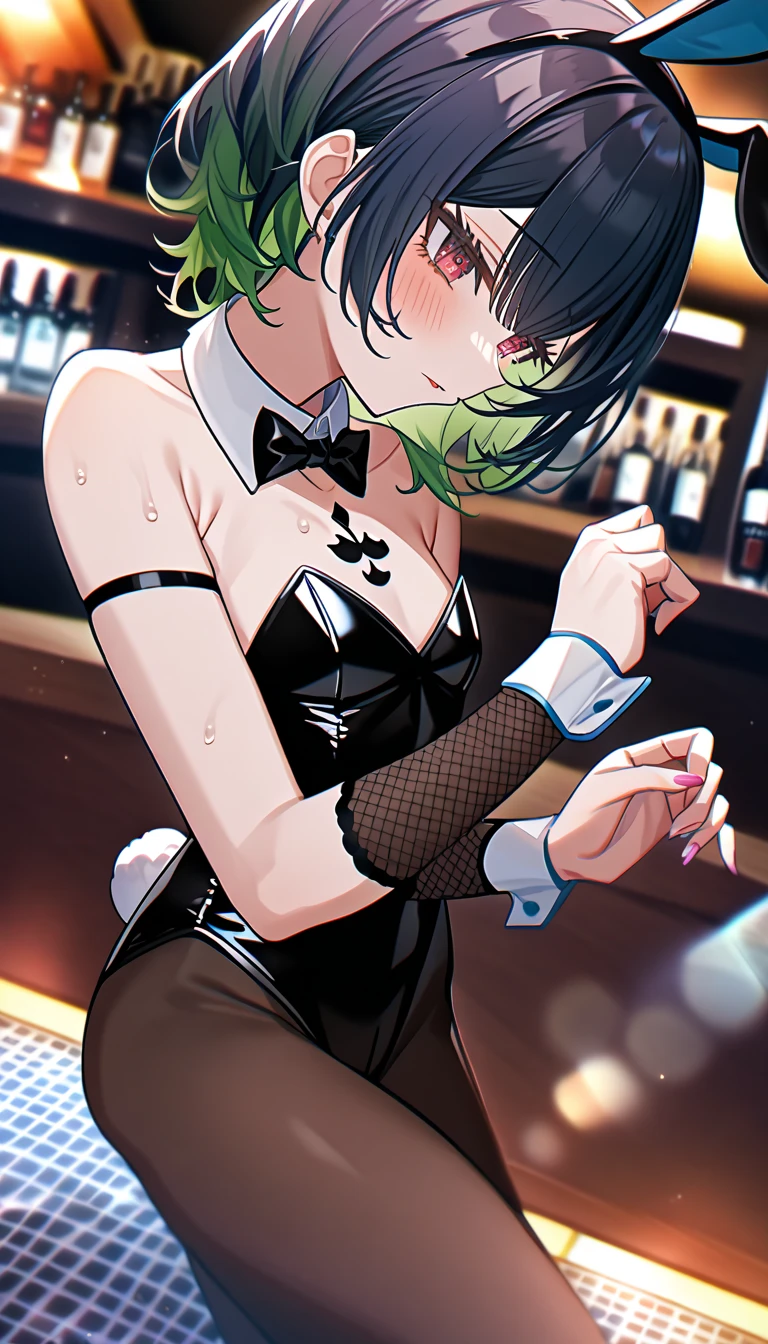 1girl,solo,super detailed skin,shiny skin,wet oily skin, tatsumaki, one-punch man,natural face,pale blonde hair,eyelashes,small breasts,beautifully shaped breasts,gothic body suit,playboy bunny,rabbit ears,fishnet,bowtie, wrist cuffs,sitting chair,night bar,masterpiece,best quality,ultra detailed,high resolution,sharp focus,depth of field