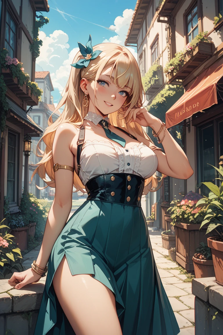 Masterpiece, High Resolution, HD, High Quality, UHD, Super Detailed, Best Quality, High Details, Fantasy, grimdark, alone solo character, no deformities.
{{(1character: a 26 young woman:(white skin, blonde hair, curly hair, brown eyes, closed mouth, tall complexion, slender complexion, rounded nose, big eyebrows, delicated features, absolute beauty, calm serious expression, big breasts, nice feminine figure, beautiful arms and legs),(big ribbon at top of the hair, green tanktop, white wristbands, pink skirt),(confident expression, confident demeanor, defiant pose, looking at viewer),(very modern city, blue day sky, bright twin golden suns in the sky, fantasy modern london city)))}}