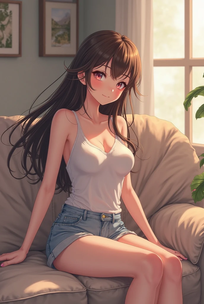 2d, Superb, (Masterpiece), ((1 girl)), (Low Angle:1.2), (Full length), (Shiny hair:1.6), (Straight hair with brown hair:1.6),(fluffy hair:1.3), (Brown beautiful girl),hyper cute face, (Healthy dark skin), (Sunburn mark), clavicle, (Denim hot pants:1.3), (White short sleeve see-through top), White camisole,JK,Slender figure ,Glamorous Bare Feet, Beautiful shiny legs,, Brown Eyes, Attractive thighs, Medium chest, bedroom, On the bed, Light from the window, Sexy expression, Sweaty, Wet Hair, Drops from hair,Put your hands on your chest, Breathless, Bold pose、Smiling with teeth showing, Wet body, Glossy Lips,