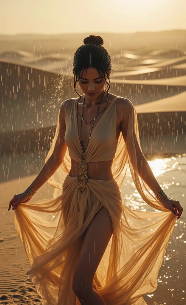 photograph of Arab woman in a revealing Arabic clothing in water, wet hair pulled back, wet jeans, brown skin color, exotic, wet revealing Arabic clothing, soaked, desert oasis, hair slicked back, beautiful symmetrical face, ultra realistic, fashion editorial, elegant, highly detailed, intricate, sharp focus, 85mm, full body shot, (centered image composition), trending on instagram