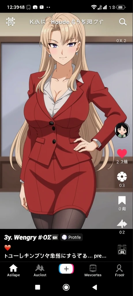 masterpiece, best quality, 1girl, solo, blonde hair, skirt, long hair, high heels, breasts, cleavage, hand on hip, earrings, red eyes, jewelry, white background, pencil skirt, full body, smile, simple background, looking at viewer, formal, standing, suit, white footwear, jacket, miniskirt, medium breasts <lora:akemiSB:0.7>