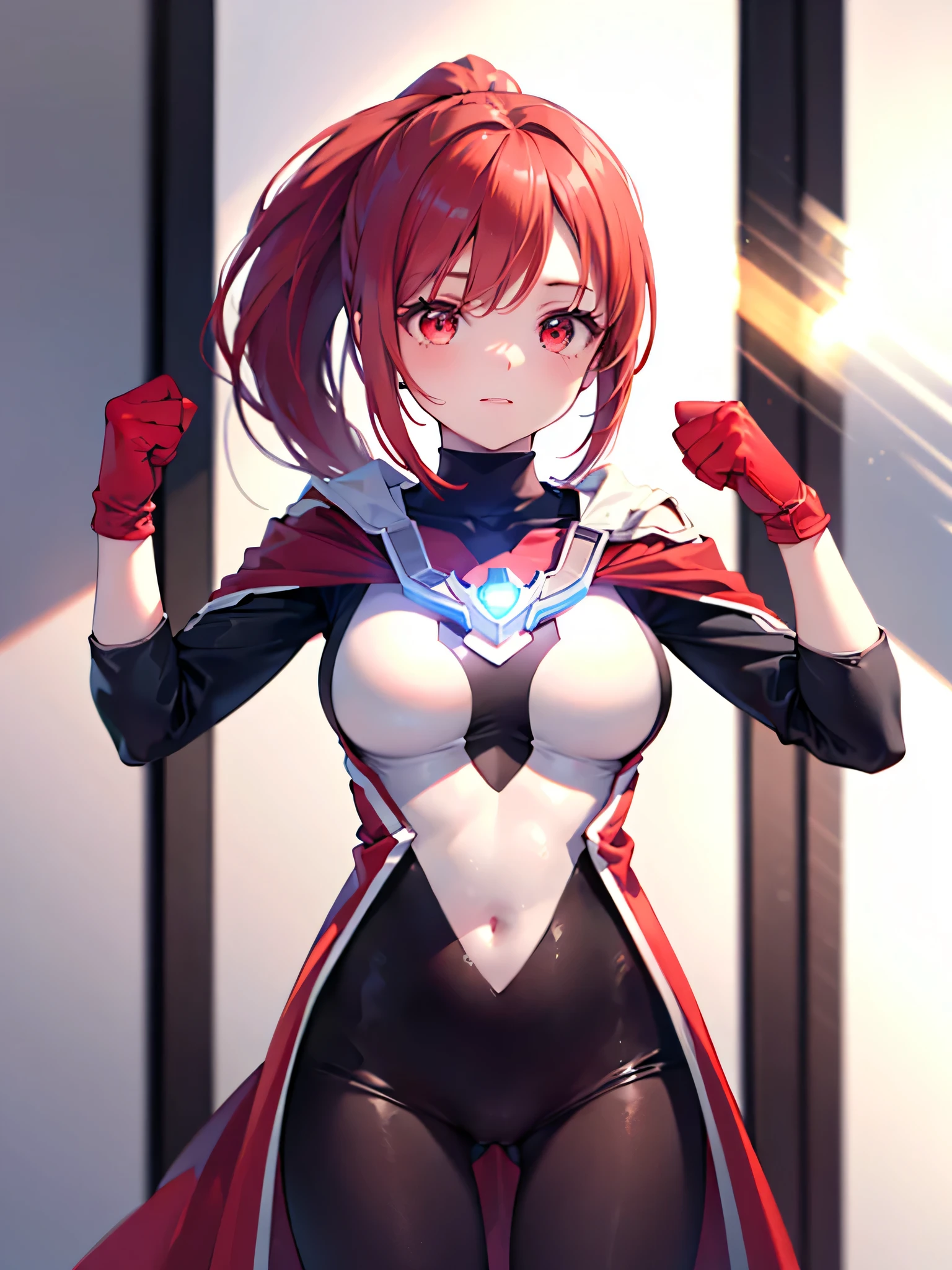 Realistic,highest quality, Ultra Detail, High-quality CG rendering, The most delicate and beautiful, Floating softly, High resolution, (1 girl), (Highest quality,4K,8K,masterpiece:1.2),(All red hair:1.5), (ponytail:1.5),(Red eyes:1.5), (Ultra Girl:1.0), (Red Ultraman bodysuit:1.4),(Slightly larger breasts:1.5),(Clenched Fist:1.2),(Place your hands on your hips:1.2), (Red gloves:1.3),(Red Shoes:1.3) ,(Red Cape:1.3),(whole body:1.3)