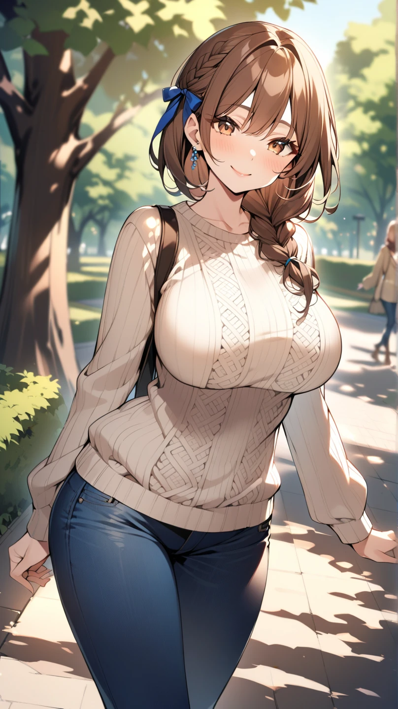masterpiece,highest quality,Super detailed,8k,expensive,Big women,Huge breasts,young,20-year-old,Medium Hair,Wavy Hair,Brown Hair,Hair Clip,Happy,smile,Brown sweater,Ribbed sweater,Exposing shoulders,Removable sleeves,Belt Buckle,black tights,boots,Strapless,fallen leaves,garden,autumn leaves,Outdoor,