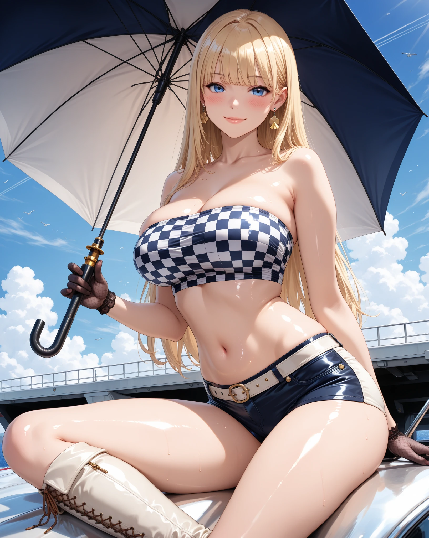top-quality、超A high resolution、女の子1人、Wearing a white swimsuit、(huge-breasted:1.2)、high-heels, Riding a pink motorcycle, Blonde short hair, , Photo, The background is the sea,Live action,japanes,独奏,Beautiful expression,White stockings,beautiful smiling face,perfect body type,blue-sky,Wave droplets