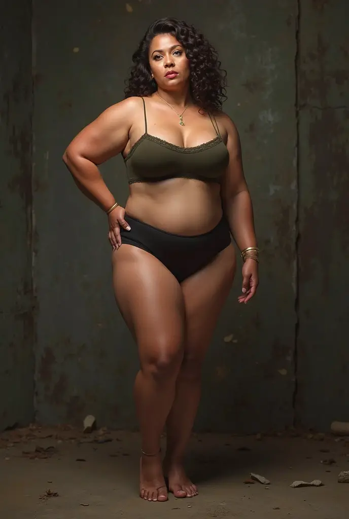 Cave girl looking like a young female gorilla in modern hospital pajamas, black skin, realistic expressive brown eyes, extremely shaggy thick brown hair, plump physique