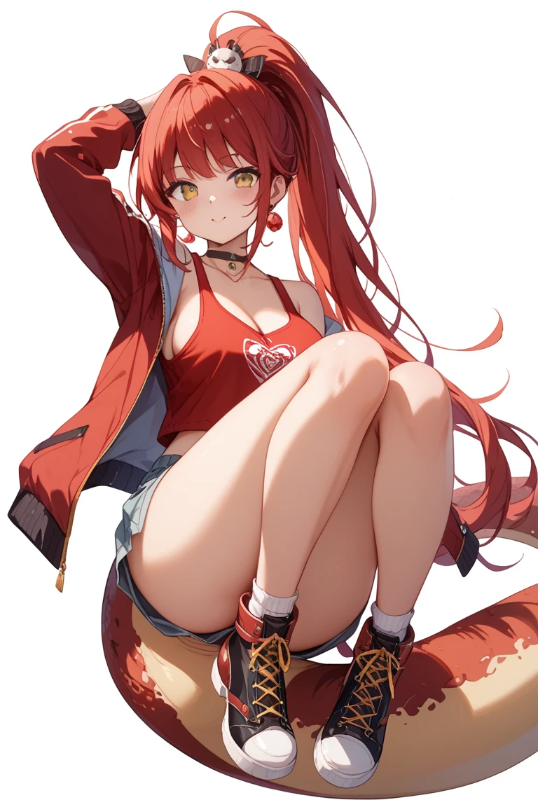 1girl,red hair,small breasts,t-shirt,clothed,micro shorts,nsfw,arms behind head,spread legs
