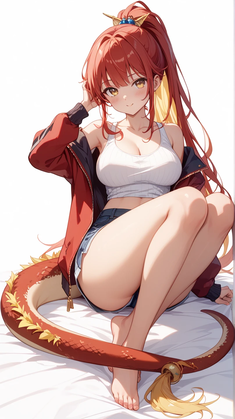 (masterpiece, best quality:1.2)((coral brown hair))((emerald green eyes)),solo,1girl,monika(doki doki literature club),(yellowish_white_dragon_horns),(green_dragon_tail),hair_between_eyes, casual_clothing, ((robe-like jrpg armor))