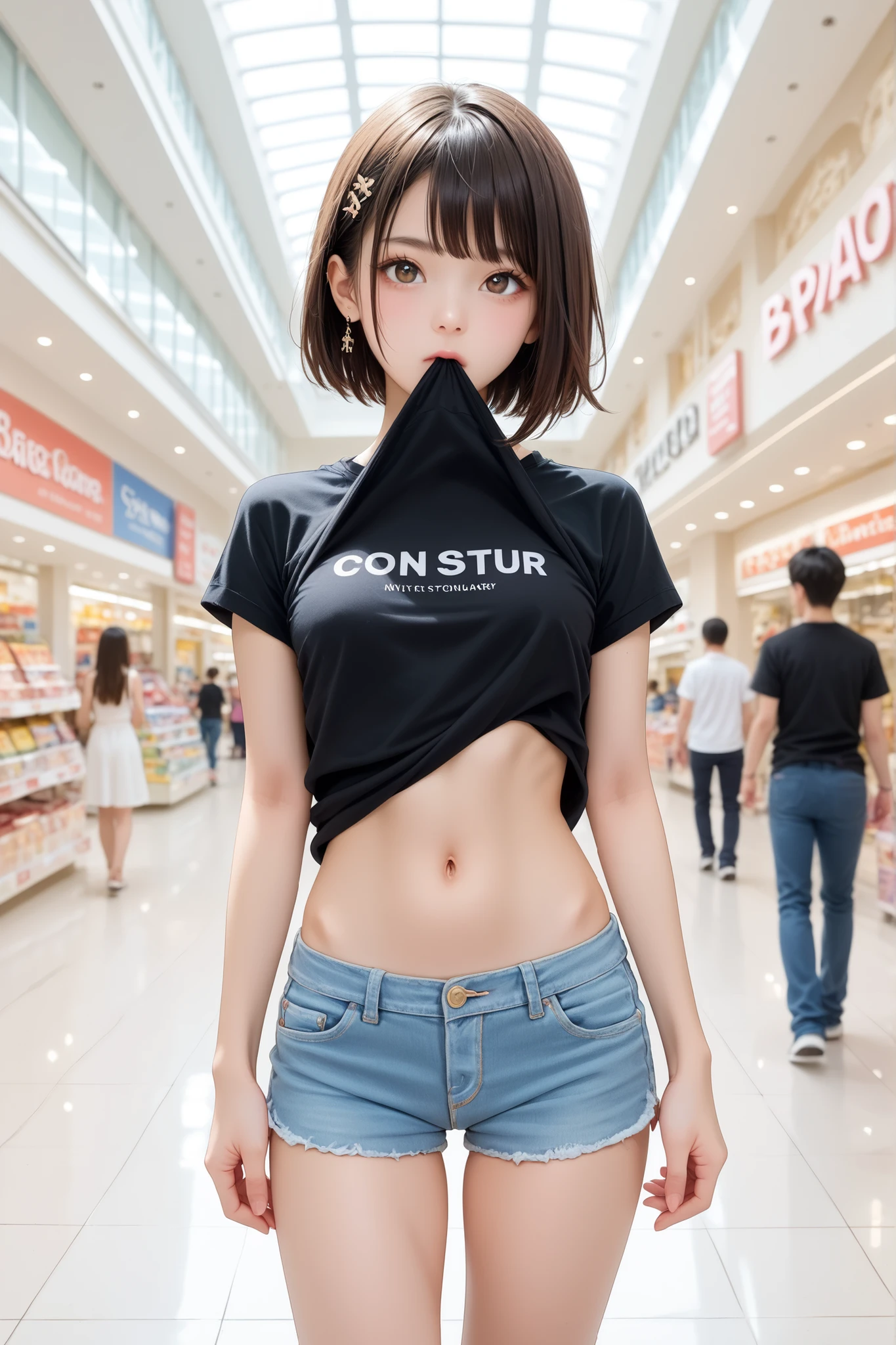 score_9, score_8_up, score_7_up, (as pictured:1.2), Rating_suspicious, a Japanese girl, Japanese, Age 25, solo, cute girl, cool girl, cool beauty, perfect face, short hair, Brown Hair, diagonal Bang, perfect body, Abs, big boobs, Stomach, belly button, completely naked white short sleeve t-shirt:1.9, Disconnect:1.9, Take off your denim shorts and show off your pussy:1.9, thighs, roll up t-shirt:1.9, roll up, tuck up, (((Hold the rolled up shirt in your mouth))), Shopping Mall, masterpiece, anatomically accurate, textured skin, high detail, High Quality, 最High Quality, tuck up, roll up, cute, Asian girls, one-sided hairstyle, SLIM BODY, Bang, beautiful , masterpiece, extremely beautiful , nsfw, reveal her medium breasts :1.9,