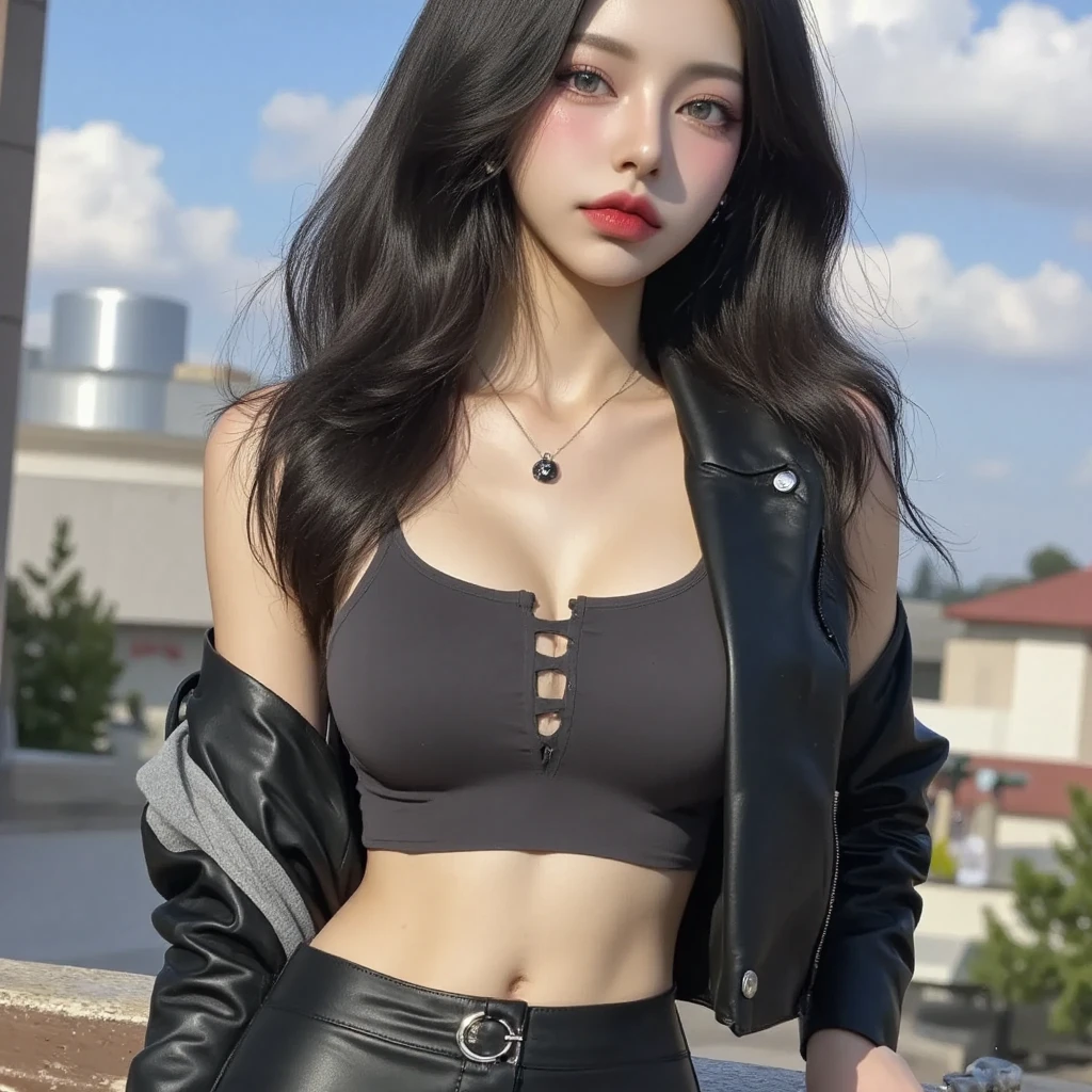 A fun styled character with curly hair and wearing a black crop top with a white skirt with light brown curly hair with basic makeup