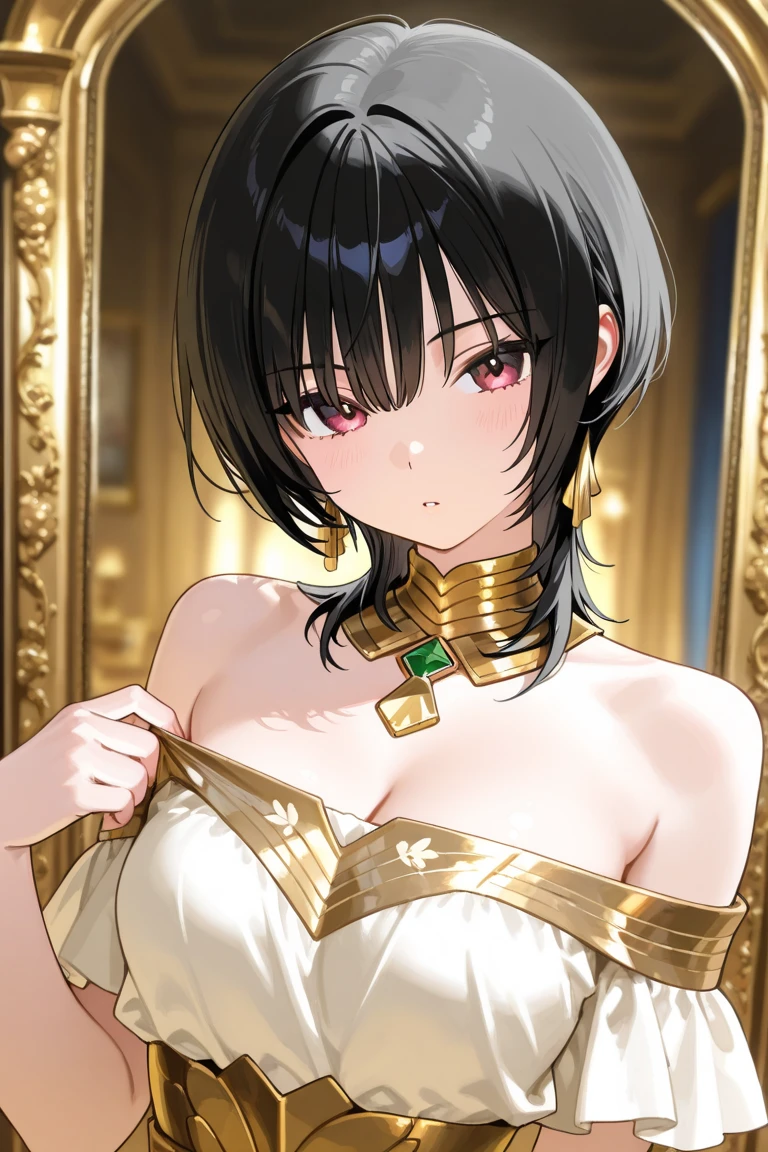 Simple white background,glitter,
barefoot,white dress,cleavage,collarbone, Navel,bare shoulders, Gold leaf on head,
bracelet, earrings, jewelry, gem,Pearl, Green eyes gold necklace, Black hair,explosions,short hair hair,
1girll, 20yo,young woman,Beautiful Finger,Beautiful long legs,Beautiful body,
Beautiful Nose,Beautiful character design, perfect eyes, perfect face,expressive eyes,perfect balance,
looking at the scenes,(Focus on her face.),closed mouth, (innocent_Large_eyes:1.0),(light_smile:0.3),
formal art,Highly detailed CG module 8K rear, perfect illumination,Colored, bright_front_face_lighting,white-skinned,
(Masterpiece:1.0),(Best_quality:1.0), very high resolution,4K,A highly detailed,
photography, 8K, hdr, highres, absurdres:1.2, Kodak portra 400, grain du film, blurry background, bokeh:1.2, lens flare, (vibrant_Farbe:1.2),professional photo,
(A beautiful,Large_breasts:1.4), (A beautiful_face:1.5),(narrow_waist), setting huge breasts smile closed mouth lipstick green lips bed earrings