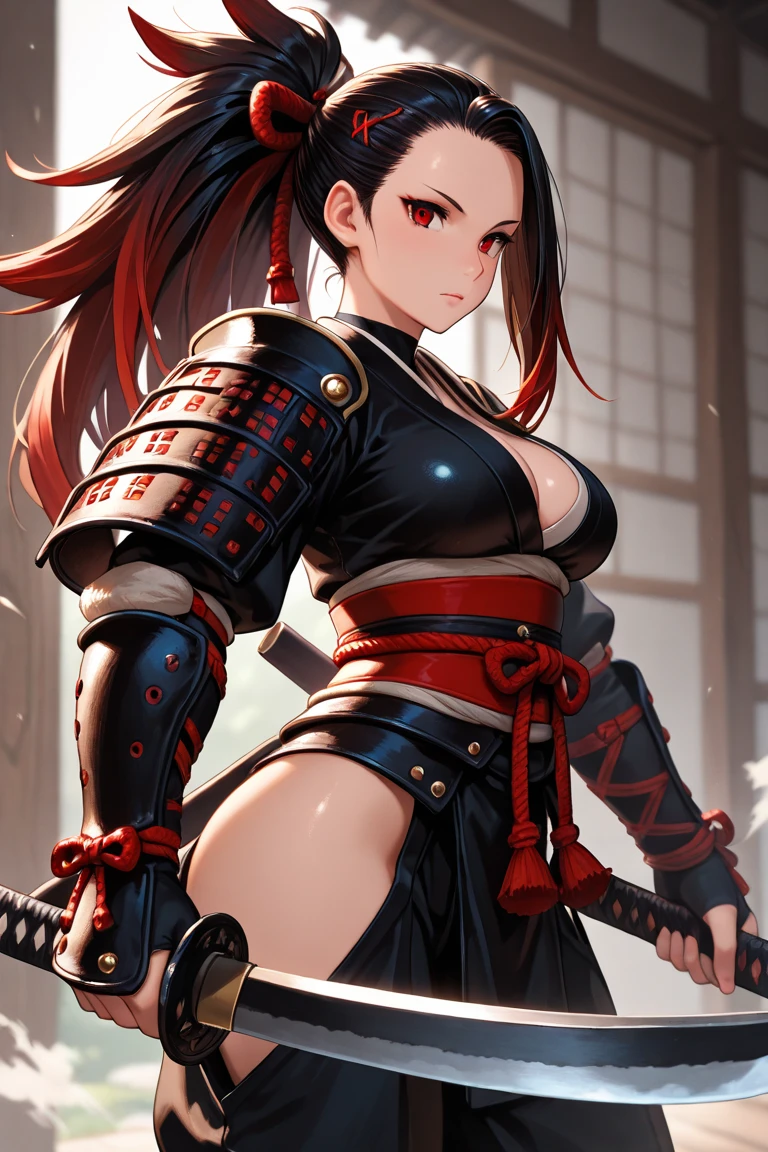 (detailed art of beautiful one eyed samurai lady), master piece, (she is shooting enemy with a gun), samurai armor, (eyepatch), she has scars on face, natural body posture, she is fighting in the battlefield, full body Art , symmetrical, sharp eyes, oil painting, concept art, voluminetric lighting,TanvirTamim, 2d render, 8k.
