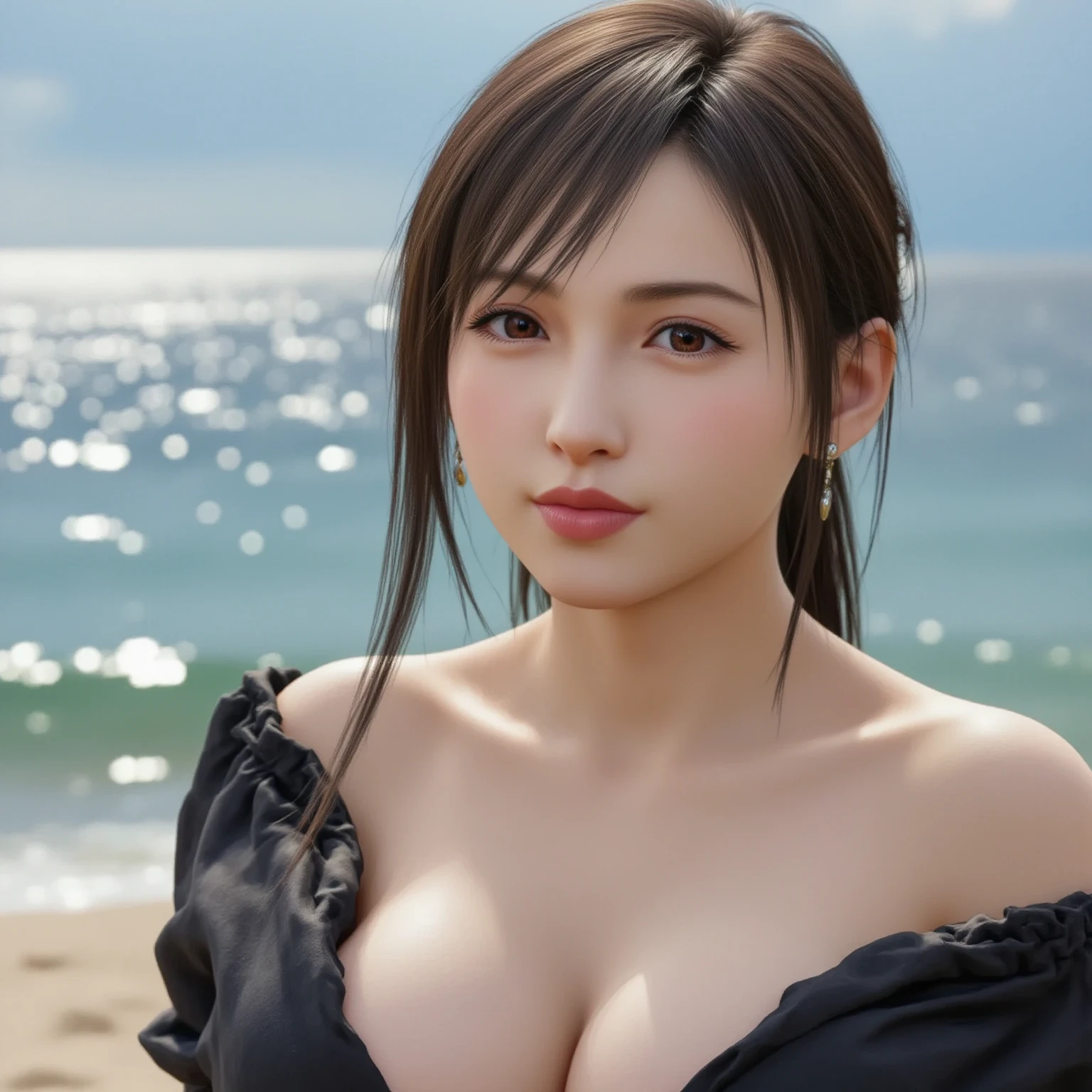 (From below:1),One Girl,(Beachチェアに座って:1.3),Light brown fringe long hair、Disheveled Hair、Light brown eyes、(Dignified look)、(Colorful Crochet Bikini),(Big Breasts:1.4)、(Highlight the valley:1.3)、Beach、Palm tree、blue sky、(Realistic)、(Intricate details:1.2)、(masterpiece、:1.3)、(Highest quality:1.4)、(Ultra-high resolution:1.2)、Ultra-high resolution、(Detailed eyes)、(Detailed facial features)、Bold pose、