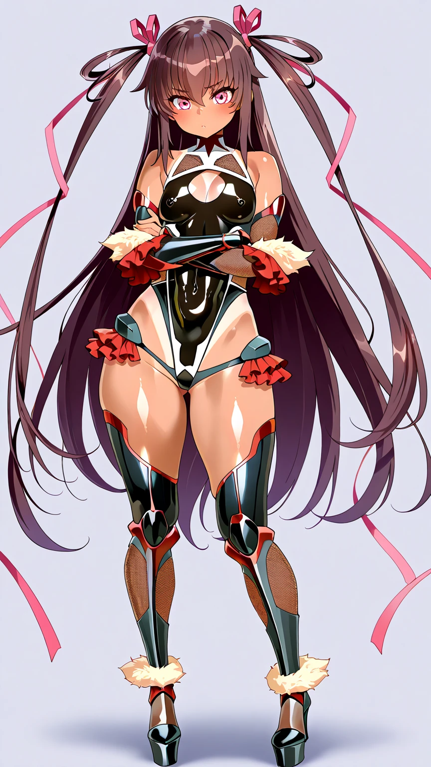 8k,best quality,masterpiece, highest quality, High resolution ,Mizuki Yukikaze, 1 person,Hair Ribbon, (Black leotard),( (Taimanin suit)), skinny,flat tits,One Piece Tan, Elbow Bag, Fingerless gloves, Thigh-high boots,pov,Are standing,full body,