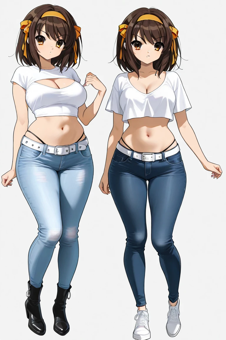 16k works,Highest quality,18-year-old,No background.White background only,whole body、sexy, One person, Beautiful Face,, Symmetrical eyes, Perfect body, Good balance、 Perfect body、Split, Black short hair、, White sleeveless tank top，Blue Denim Shorts、refreshing、smile、Big Breasts