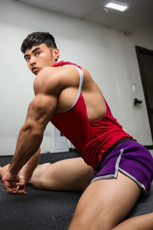 ((best quality)), ((masterpiece)), (detailed), perfect face, attractive shirtless man, muscular, slave collar, 20 years old, bodybuilder pose, exhibitionist., short black hair, cute jock, full body
