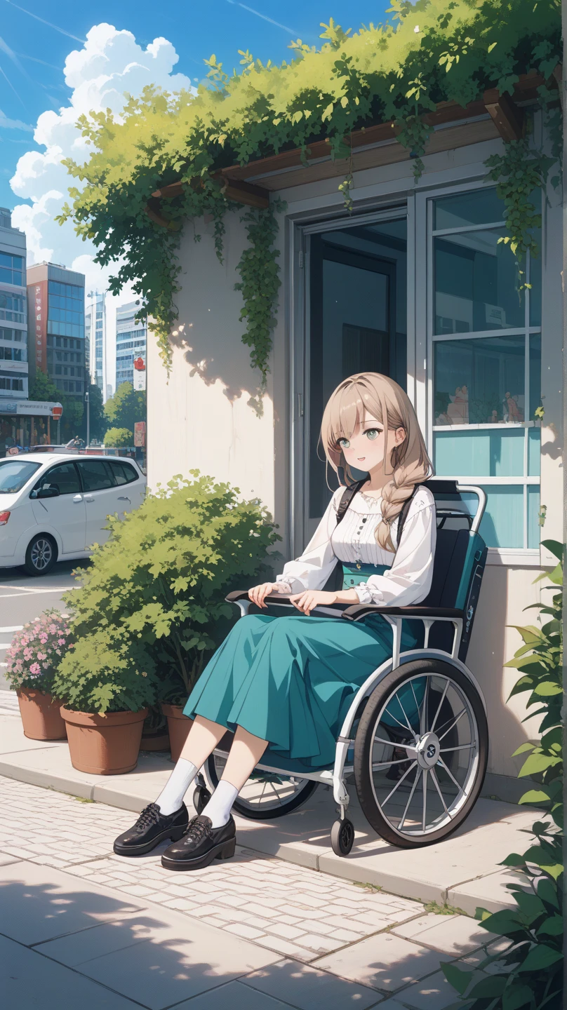 A very little and cute girl expressionless with short dark hair, light green eyes with a notebook in her hands wearing cute clothes in a wheelchair