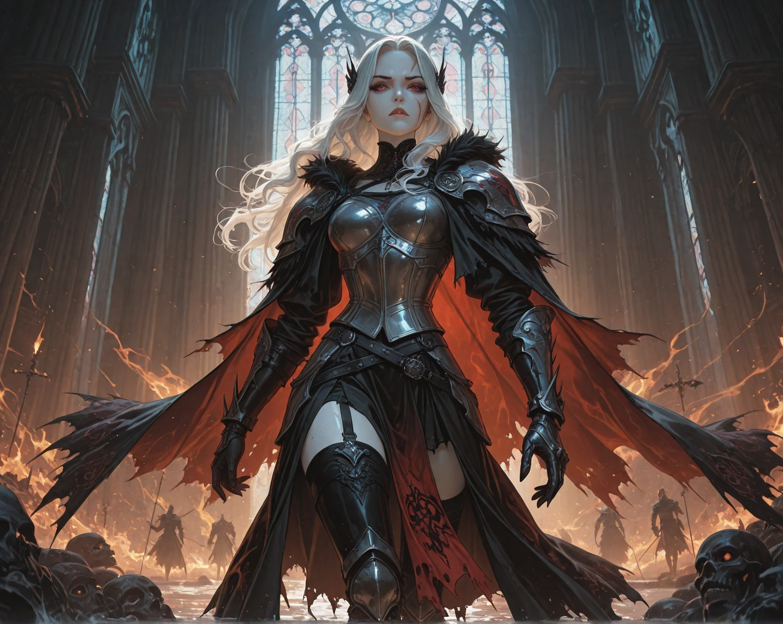 female nightelf, sexy black and red leather armor posing in front of a fireplace, ((white long curly hair)), beautiful elegant demon queen, demon horns, big breast, succubus, demonhunter, demon wings | medieval, dark fantasy female magician, dark elf princess, beautiful dark elf countess, beautiful vampire female queen, diablo 4 queen, dark sorceress, fantasy character photo, dark fantasy style, diablo 4 lilith, evil sorceress, beautiful succubus, world of warcraft, demonhunter