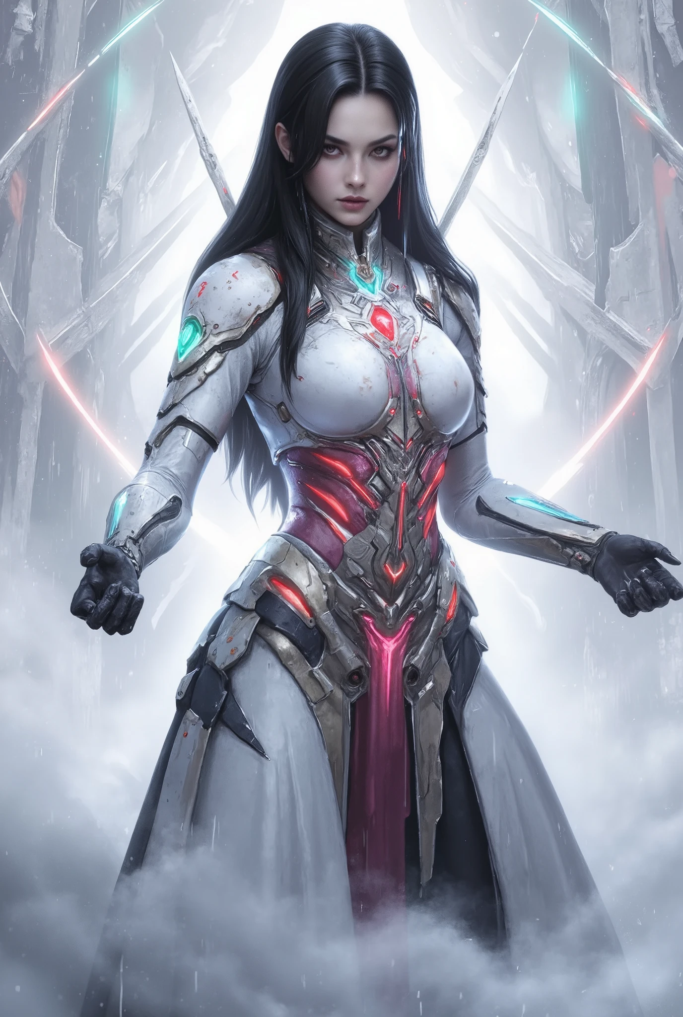 She's striking a bold attacking pose, neon colored, (Best Quality , 4K , 8K , High Resolution , Masterpiece: 1 . 2) , (Super Detailed , Realistic , Photorealistic:1 . 37), A mystical female figure with jet black hair and glowing red eyes, wearing an elegant futuristic robe with geometric patterns and eye-like motifs. Her armor is white and cian and magenta, biomechanical in design, with symmetrical glowing ornaments and intricate details. elegant posing, bold posing, Art style inspired by Yoshitaka Amano and H.R. Giger, with a divine, sci-fi aesthetic. Center composition, clean background with sacred geometric lines, ultra-detailed, soft gradient lighting, 8K, digital painting.