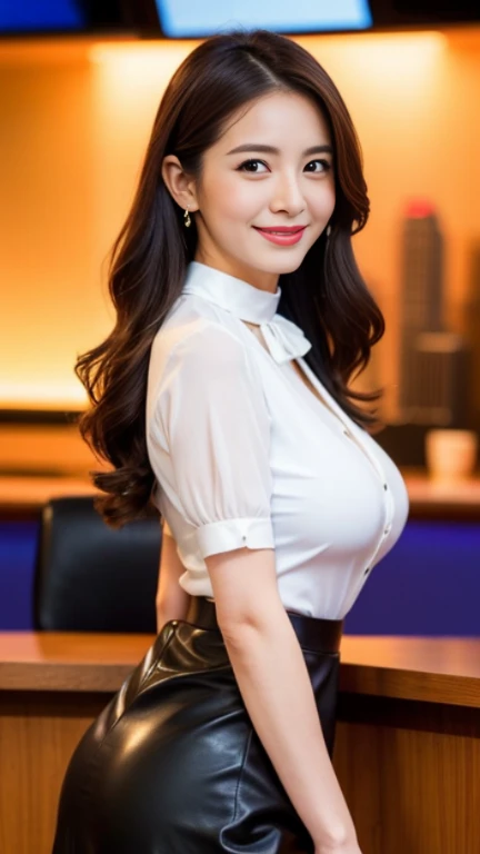 1 Girl, Beautiful women attending a beauty seminar, Sitting in a grey chair, Microphone in right hand, Busy, An LED backdrop that makes her photos stand out, on stage, Wood environmental background, Sunburned skin, White shirt, Showing cleavage, close, Looking Camera