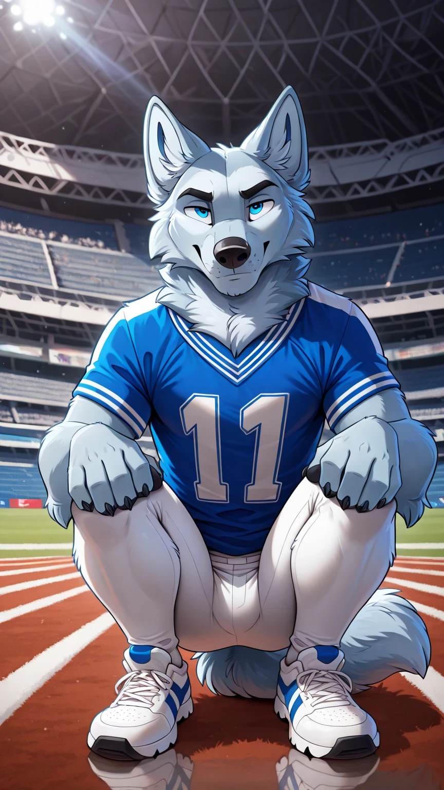 american football stadium background, blue eye, Reflections, full body, Anthropomorphic, Adult Wolf, without humans, by ango76 , Masterpiece, better quality,very aesthetic, newest, anthropoid, mammal, a child, Clothes, Alone, Porry , Porry Macho , blue eyes, Male Wolf, hairy male white wolf , squatting posture, claws, animal ears, high resolution, blue american football jersey, white spandex tights, white sneakers, wolf tail, front view of the spectator , squatting pose, hands on the knees , seductive expression