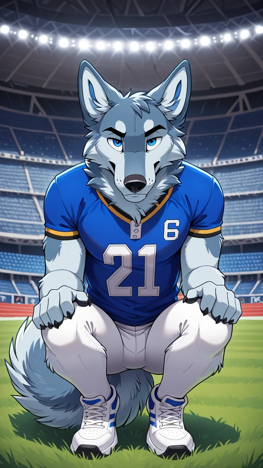 american football stadium background, blue eye, Reflections,  full body, Anthropomorphic, Adult Wolf, without humans,   by ango76 ,    Masterpiece, better quality,very aesthetic, newest,  anthropoid, mammal, a child, Clothes, Alone, Porry , Porry  Macho , blue eyes, Male Wolf,  hairy male white wolf  , squatting posture, claws,  animal ears, high resolution, blue american football jersey,   white spandex tights, white sneakers, wolf tail, front view of the spectator , squatting pose, hands on the knees , seductive expression 