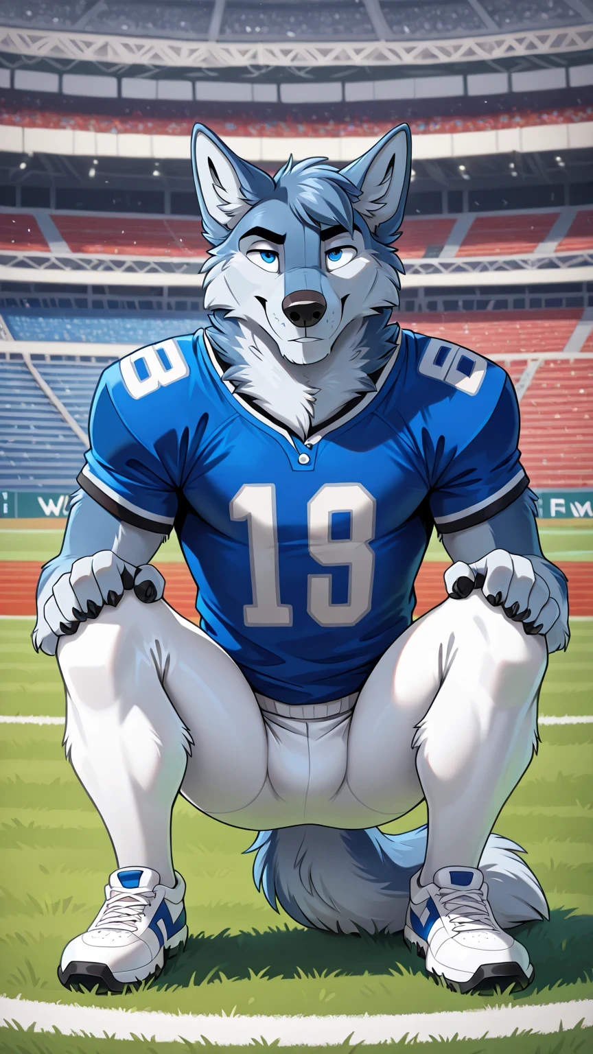 american football stadium background, blue eye, Reflections,  full body, Anthropomorphic, Adult Wolf, without humans,   by ango76 ,    Masterpiece, better quality,very aesthetic, newest,  anthropoid, mammal, a child, Clothes, Alone, Porry , Porry  Macho , blue eyes, Male Wolf,  hairy male white wolf  , squatting posture, claws,  animal ears, high resolution, blue american football jersey,   white spandex tights, white sneakers, wolf tail, front view of the spectator , squatting pose, hands on the knees , seductive expression 