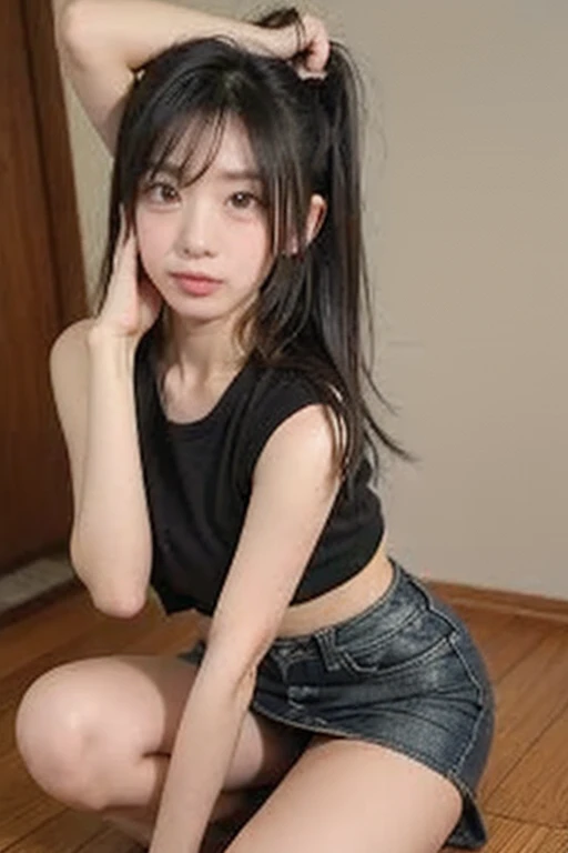 ollarbone,white t-shirt,off-shoulder look,bare shoulder,midriff peek,Denim mini skirt,open mouth,tongue out,cum on tongue,Black sofa,Kneeling,looking ahead,from above,flont view,face focus,(1girl,Beautiful 14 year old girl),((Slender,Small breasts,Small face,)),looking at viewer,Black Hair,bangs,one side up,Beautiful and detailed,Mischievous smile,Dimly lit room,Simple Background,Black background,Low lighting
