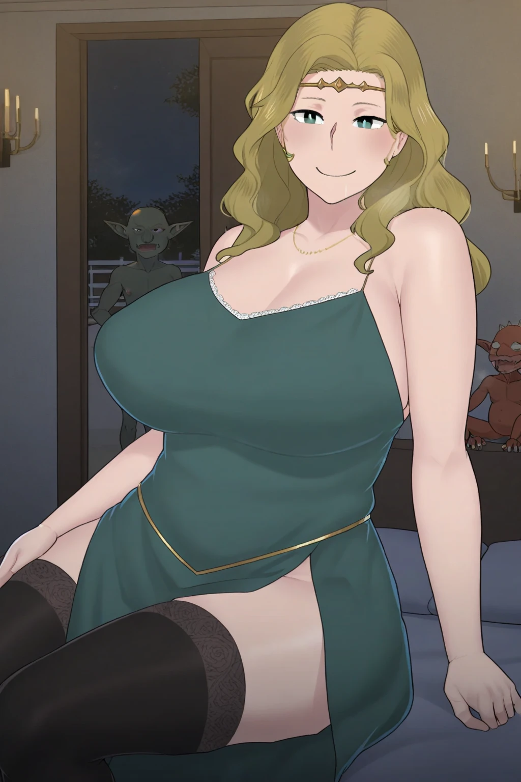 (I'm a human woman-queen whom is the sole sovereign ruler of my kingdom of goblin-folks), I'm being pinned on the wall - my arms behind my head, queenly green dress with vwey extremely generous cutout, brunnette-chestnut middle-long hair, queenly tiara, sexy sweaty glistening armpits:1.2, stilletto queenly high-heels, ((midnight)), (at isekai-fantasy castle hall at midnight), feisty woman, anime cels style, best quality, high resolution, 1girl, inspired by ntrman's work: queen who adopted a goblin, sweating, (bountiful very generous breasts), swaying breasts:1.1, fleshy build, big thick arms, beautiful face, middle-long luscious brunnette-beige hair:1.1, half-lidded eyes, light-colored pupils, motherly determined face, [motherly face], Beautiful long legs, Beautiful body, extremely fertile motherly's body-shape, Beautiful Nose, Beautiful character design, bangs, purple eyes, (bushy pubic hair), (i'm being pinned on the wall by goblins - my arms behind m head), (my arm is swaying hair enticingly:1.1, (looking at viewer), cowboy shot, front-view full body photo:1.1, BREAK, ((with group of goblins)), (very dynamic view), -auto