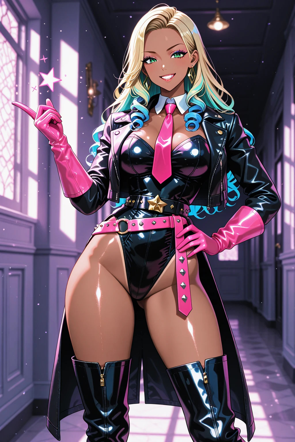 schwitzerland women,white Blonde curly long hair, Blue eyes,purple lips, Pink Latex Blazer Unfiorm, Pink Shoulder poul,bif breast,m Clevage, Godl Belt, White Gloves, gold Chocker, Gold loop Earrings, standing