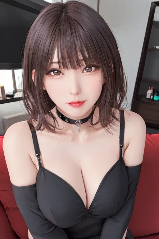Goth woman, (goth makeup), (White skin), (a t-shirt and skinny mini shorts), (show under ), (fishnet stockings), (navel jewellery), (pierced ears), (pierced lips), blue eyes, short messy black emo hair, (bedroom background), thick thighs, medium breasts, (8K), (wallpaper), (dynamic lighting), (detailed face and eyes:1.2)、巨乳、大きいシャツ、naked シャツ, シャツ tug, シャツ, オフショルダー,