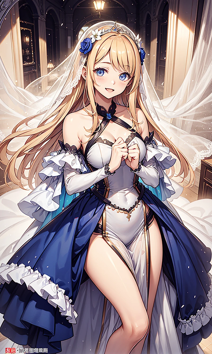 top quality，Highest resolution，young woman of 20 years，Fascinated，having fun，in love，Light white wedding dress，Lilac cloth，see through transparent clothes，Beautifully dressed，A small amount of lace，the only person，Blonde，light blue eyes，night，Banquet hall,charm，super ultra detail