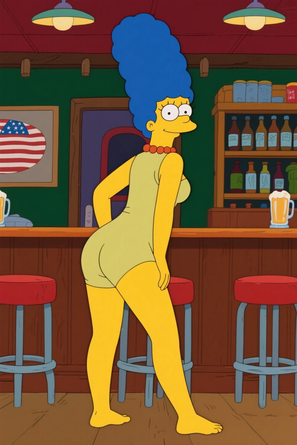 1girl, yellow skin, slim body, medium breasts, wide hips, blue hair, long voluminous hair, Marge Simpson,  ocean, palms, sand, sun, clouds, smiling, red sandals, looking at viewer, solo, blue hair, standing, vector colors, close up, (green sleeveless dress:1.3), back view, ass, bending over, white panties, spread legs, skirt lift, upskirt, under view, cameltoe, spread ass, wet legs,