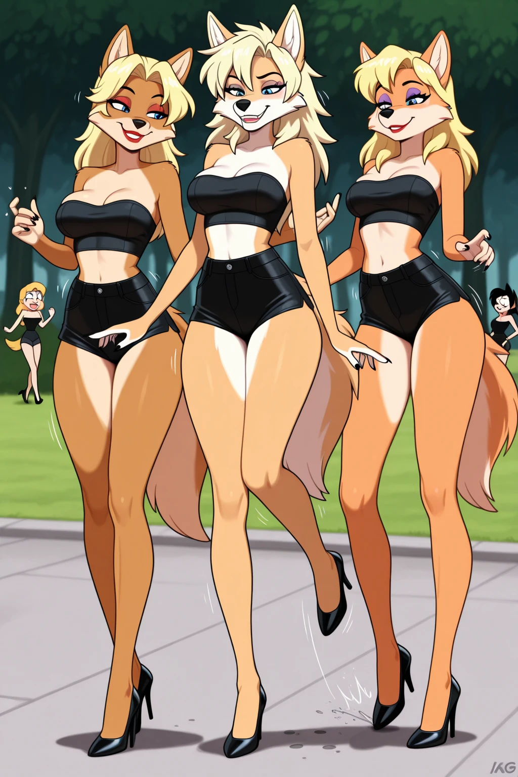 2girls, clones, Callie Briggs, detailed, detailed fur, wardrobe malfunction, legs, purple heels, blonde hair, eyes open, beach, glasses, thicc thighs, standing, white panties coming undone, white bikini bottom coming undone, seams splitting, worried