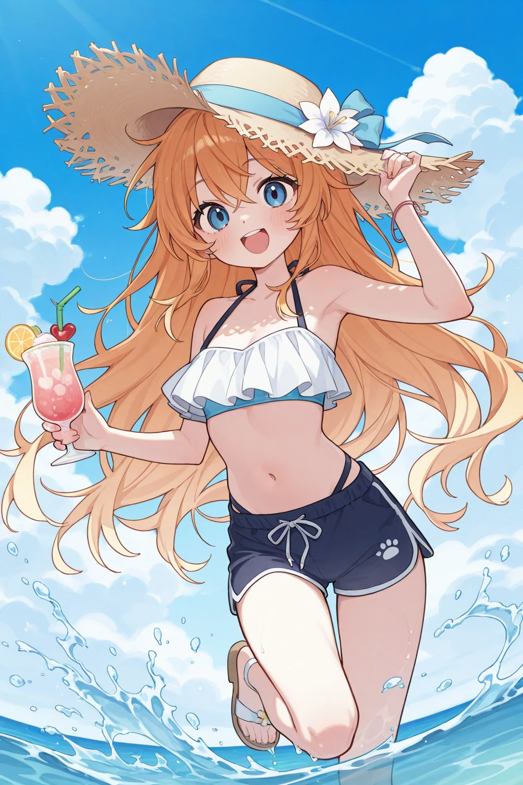1girl, long_hair, blonde hair, orange eyes, spiked hair, :3, multicolored hair, beach background, bikini blonde_hair breasts hair_ribbon legs long_hair orange_eyes panties ribbon spiked hair, :3, ;3, multicolored hair, 1girl beach bikini blush breasts day food food_on_body food_on_breasts hair_ornament hairclip holding holding_food ice_cream ice_cream_cone large_breasts light_blue_hair long_hair looking_at_viewer ocean open_mouth outdoors palm_tree solo swimsuit tree unlikely_accident wardrobe_malfunction white_bikini <lora:Kamiya Karen full:1>