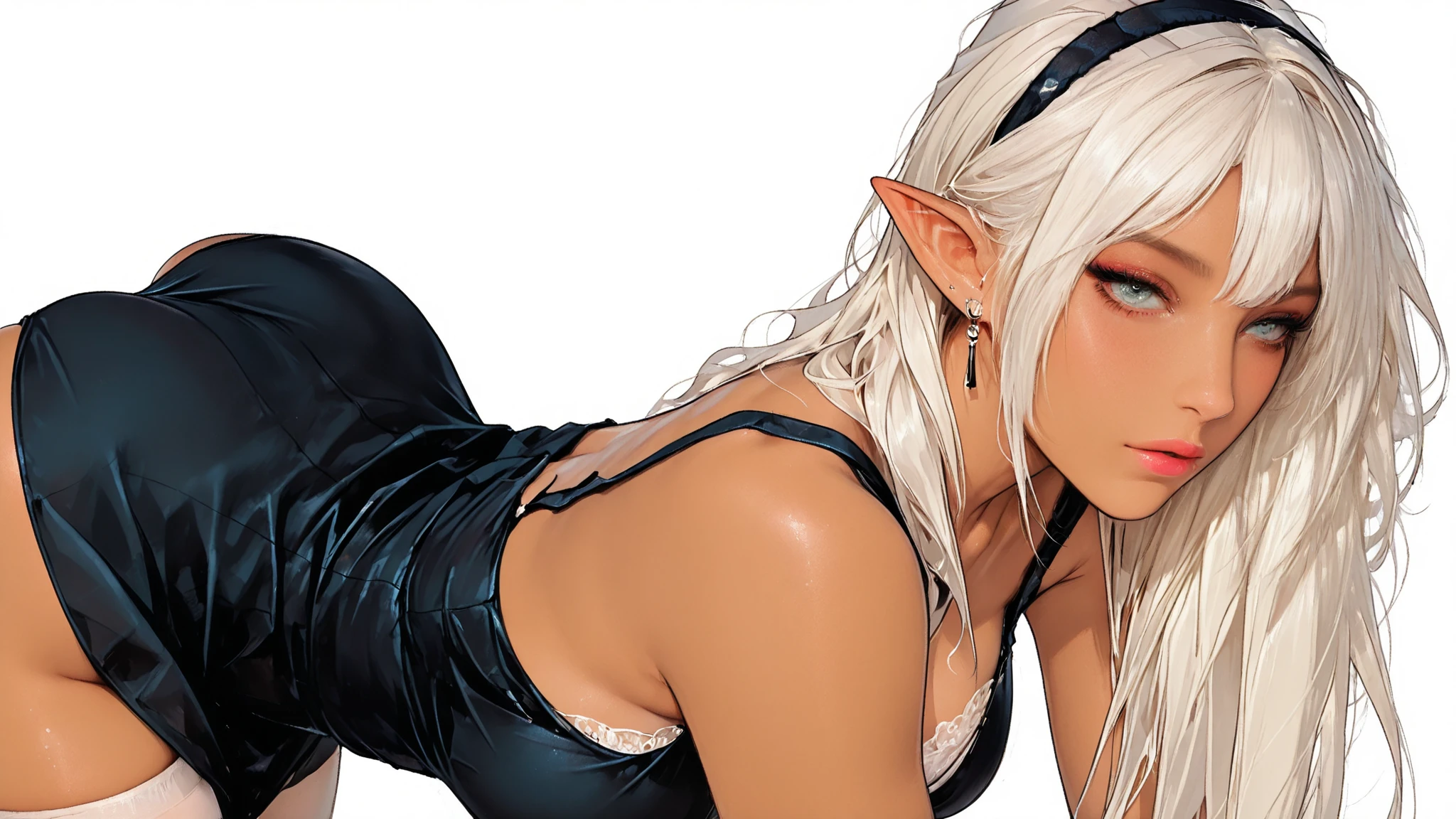 beautiful, masterpiece, absurdres, extremely detailed face, perfect lighting, 1girl, <lora:chloeKuroinu_v10:0.6>, dark-skinned female, dark skin, elf, dark elf, long hair, (single ponytail:0.8), (blonde) hair, hair between eyes, spread legs, tight highs, black garter straps, (clothing cutout), collar, cleavage cutout, gloves