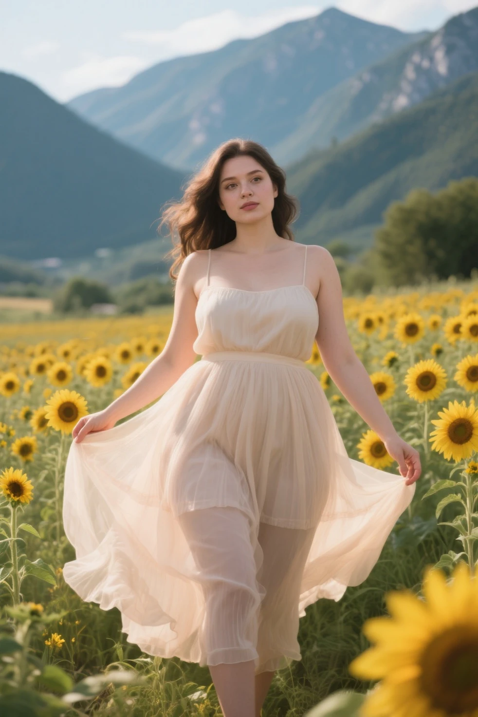 a plump woman with short brown hair in a very short light white translucent dress runs barefoot through a meadow with huge flowers, big butterflies fly around the woman, the whole body is visible, A hairy pubis is visible