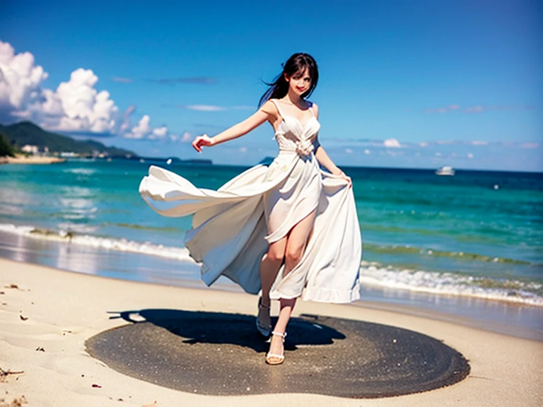 A dress made of transparent vinyl fluttering in the wind, a Japanese woman, a land of water,