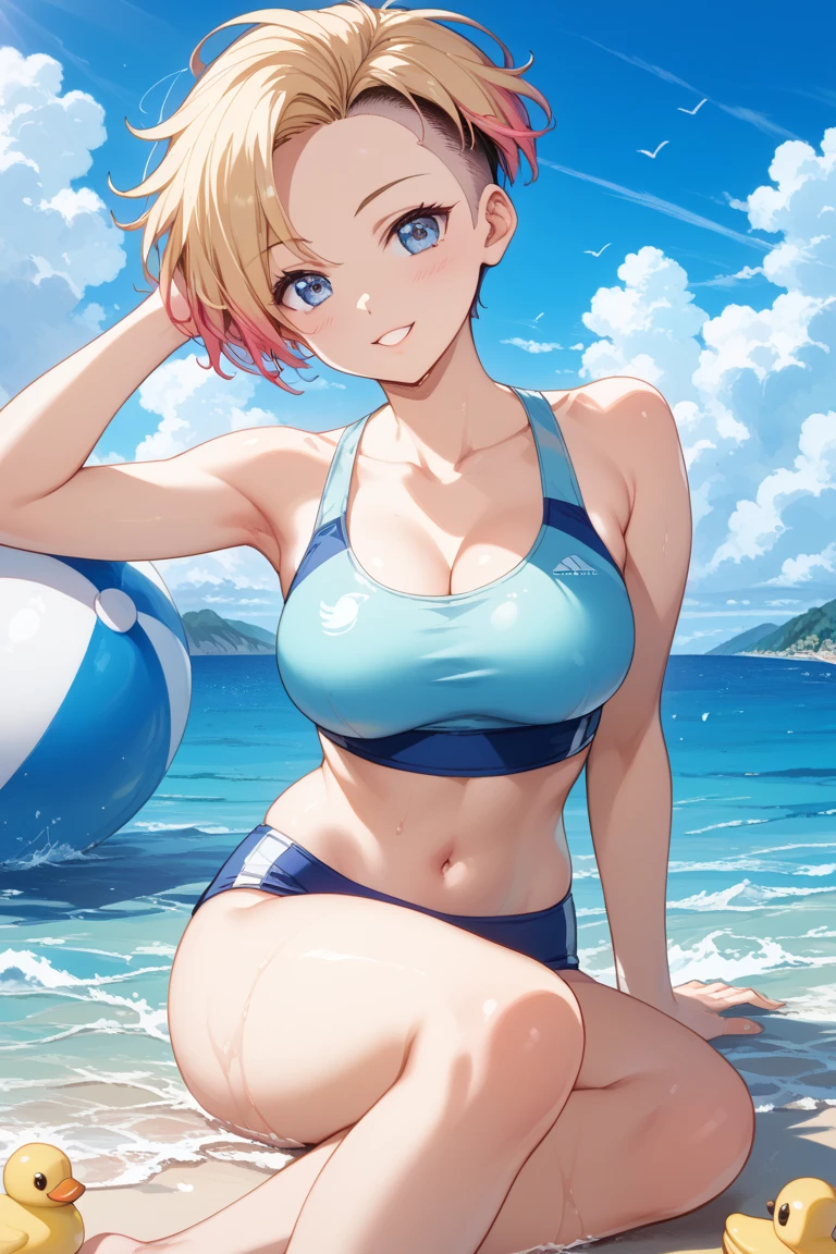 young girl blonde white swimsuit short hair red eyes irreverent face look down thin body thin thighs small breasts small ass I can see the breasts I can see the nipples toned body bikini top blue sky cloud hair blowing in the wind high quality high resolution 8K transparent swimsuit bikini swimwear