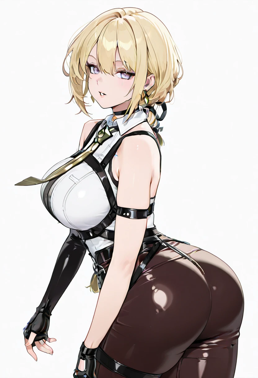 High resolution, Very detailed, perfect lighting, beautiful detailed eyes,   ((masterpiece,Best Quality)), absurdities, alone,     princess zelda, by the width, crown braid, Hair clip, pointy ears, corset azul, long sleeves, Gloves without fingers, black gloves, tight latex pants, smile, curves, nod,   ,  deep neckline, deep neckline, NSFW, visible nipples, tight latex pants, view from behind, view from behind, big butt, big butt 