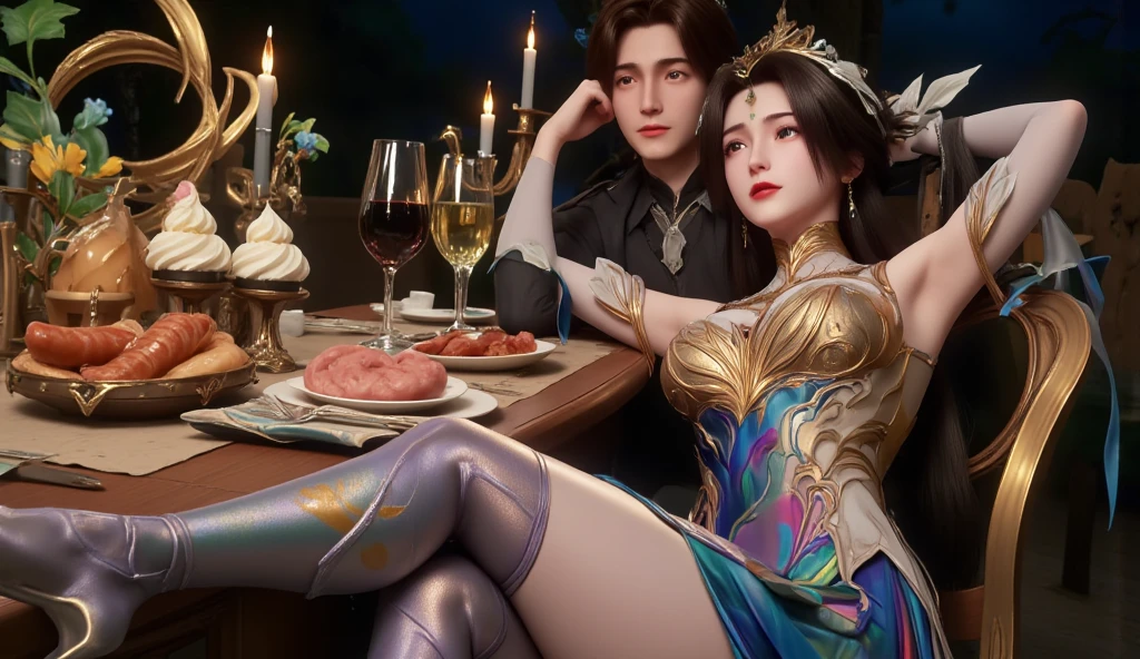 Cigar Mocktail Bar Thai Lai, Rainbow Neon, superb, ornate, epic, Beautiful couple portrait Wear a dress that is polite and stylish.. Thai, Solid treme, black or dark purple, He's on the couch, smoking a big cigar., Very happy.