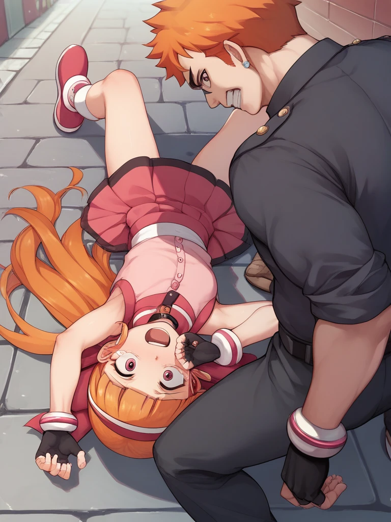 kazutsumi_momoko, orange hair, pink vest, pink skirt, black fingerless gloves, young, cartoon, ribbon, long hair, pussy, cum, belt, shoes, asleep, black street, laying on the ground, beaten, panties, dildo in anus