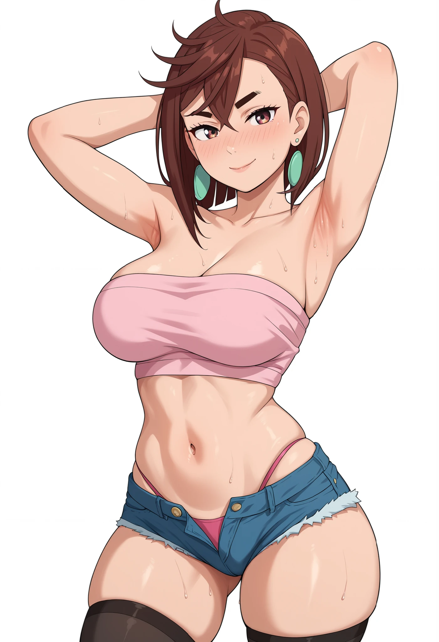 absurdres,, (mature woman1名:1.2),  (abs:1.23),huge_breasts、(dark_tanskin:1.3)unity  Dynamism,forward leaning posture、well-developed abs:1.5、(brown hair)、spread your legs、she looks away, Loose-fitting clothing、skirt、Blurred Background、Sagging breasts、Leaning forward,((manga style:1.23)) , 、(white background:1.5)、Loungewear、A happy look、Plump body、Sitting、Legs crossed、Watercolor、(Watercolor style:1.8),My Hero Academia、Ochako Uraraka,