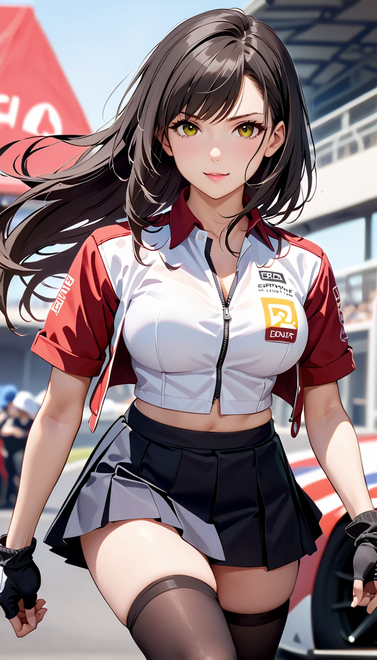 20-year-old woman in bright red and white dress、Wet dress、large full breasts、Shy smile、 knee high stockings, Adult Woman, (cum in vaginas:1.3), Long Wave Hair、dark brown hair, Tight mini skirt,Race Queen, (shiny skins), Brown-eyed, Kamimei、Long Wave Hair、Puffy nipple、puffies、Stockings、up skirt、Puffy hips、Large earrings、a necklace、Girl costume printed with sponsor's logo, (Stand in a motorsport race)+, sexy hips、Kamimei、Chest opening、Chest Emphasis Pose、a pale pink panty、lace bra