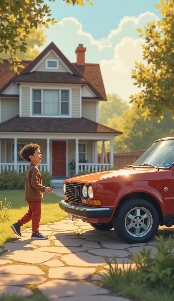 beautiful house, child playing, car in the garage