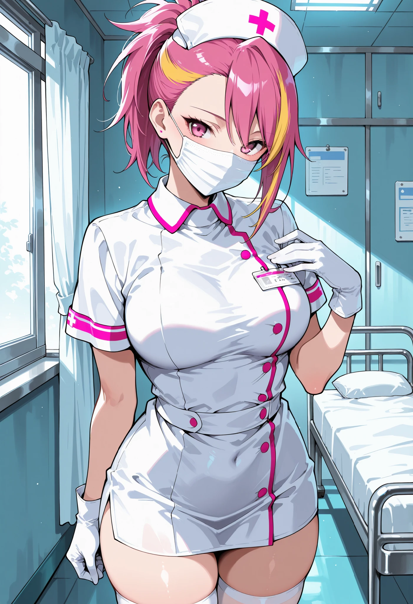 1girl, solo, nurse, white nurse cap, white nurse uniform, ((white legwear, zettai ryouiki)), white gloves, pink hair, green eyes, drooping eyes, ((white surgical mask, covered nose)), standing, ((hospital room)), sharp outline, short sleeves, best quality, masterpiece