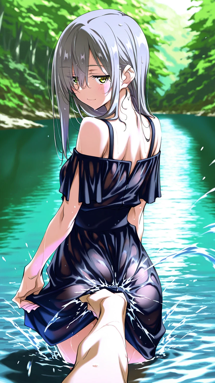 "Gorgeous and high-quality, highly detailed masterpiece that features two charming girls sitting near a waterfall. Creating a seductive atmosphere." small breasts, (leaning forward:1.3), (beautiful nipple slip:1.2), cleavage, fondling, looking at viewer