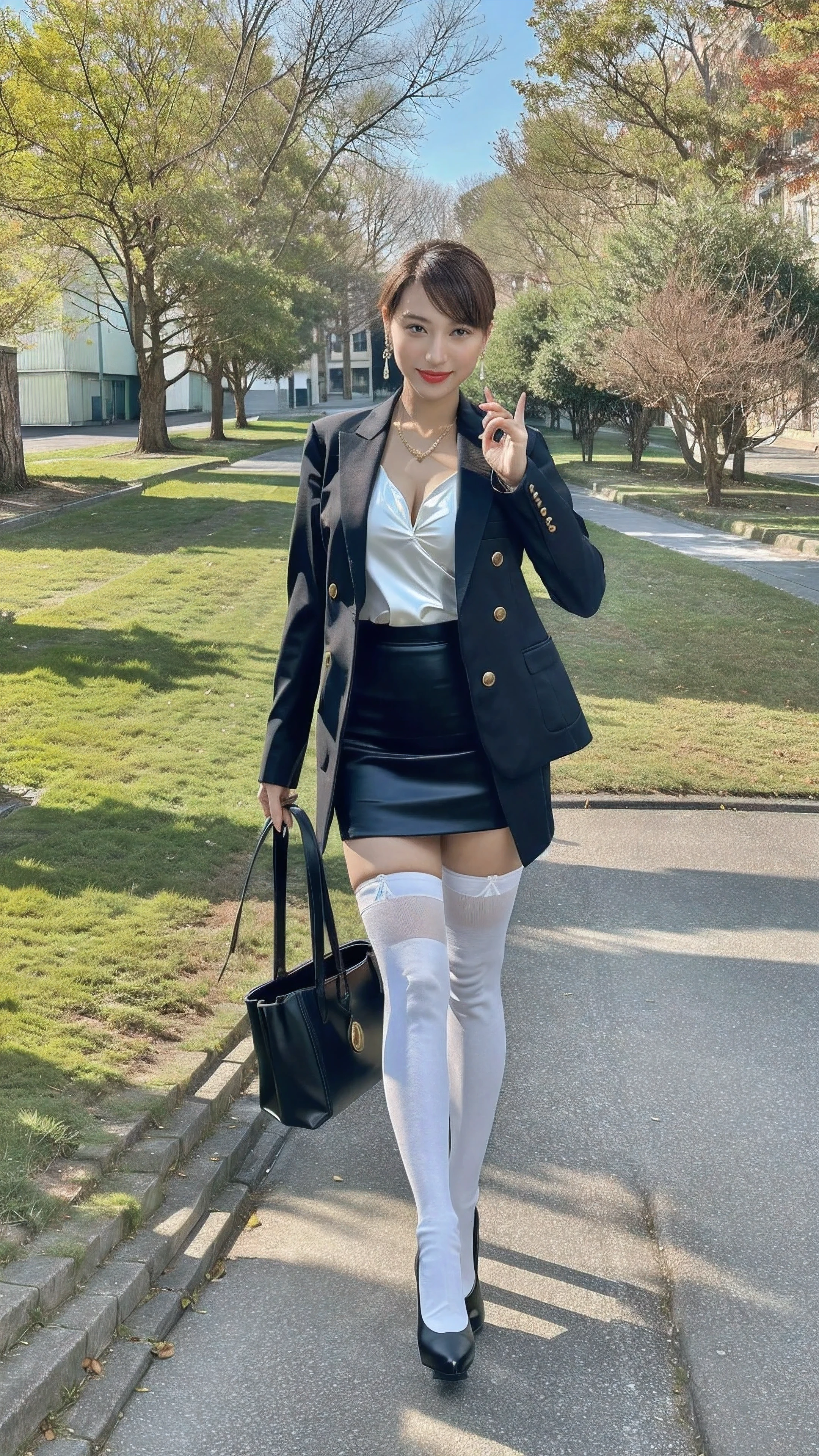 (8k, Best Quality, Masterpiece, Realistic, Ultra Detailed:1.3), (1girl, pretty Japanese politician), (suit jacket, tight mini-skirt:1.3), Smile, (gigantic breasts, cleavage, perfect body:1.3), (naked:1.4), bangs, necklace, navel, (crowd:1.3), (long thin legs, full body, high heels:1.3), black hair, (nipples:-1)