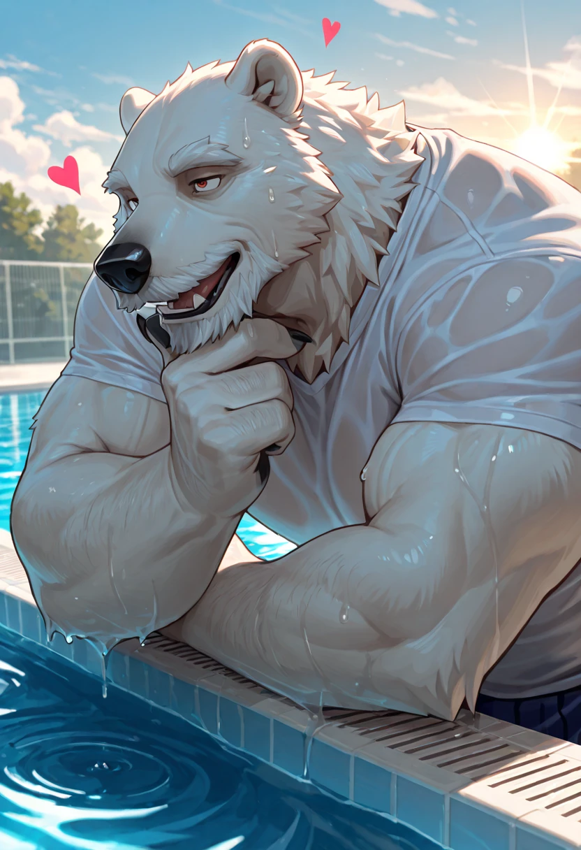 Polar bear, man, , muscular, big belly, very embarrassed, small  covered by  and big , holding on to his , Sitting in the water, Hot Springs
