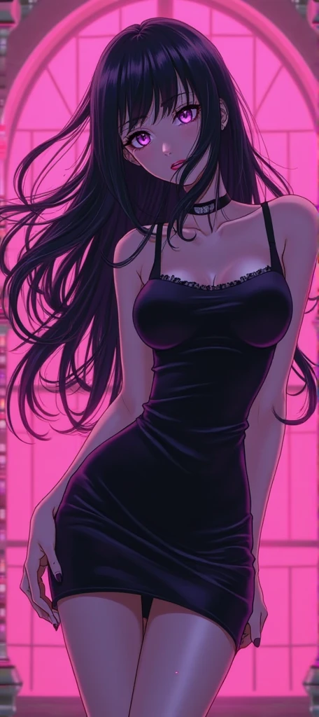 A really sexy and ecchi cat anime bad girl. With a short tight black dress, super high platform heels, long legs, tiny waist, huge round bust, 2. Show her legs